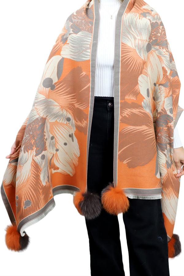 La Fiorentina Oversized Floral Print Wrap With Fox Poms - Brown & Orange