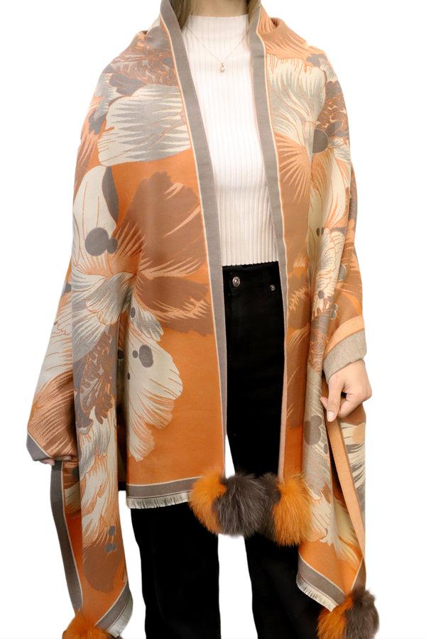 La Fiorentina Oversized Floral Print Wrap With Fox Poms - Brown & Orange