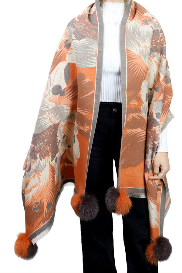 La Fiorentina Oversized Floral Print Wrap With Fox Poms - Brown & Orange