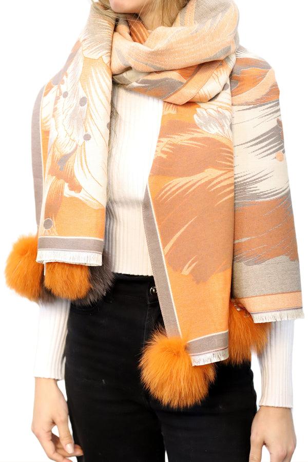 la fiorentina Oversized Floral Print Wrap with Fox Poms - Brown & Orange