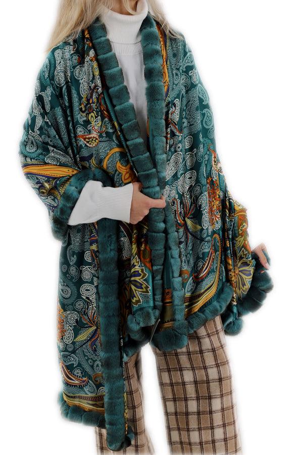 La Fiorentina Oversized Paisley Print Wrap With Rex Rabbit Fur Trim - Green