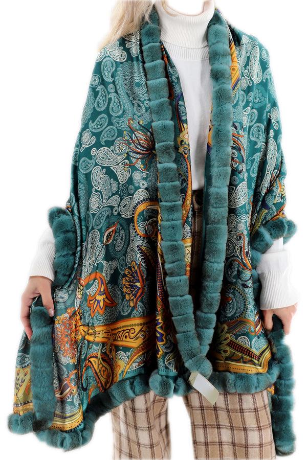 La Fiorentina Oversized Paisley Print Wrap With Rex Rabbit Fur Trim - Green