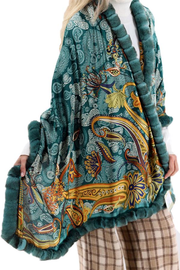 La Fiorentina Oversized Paisley Print Wrap With Rex Rabbit Fur Trim - Green
