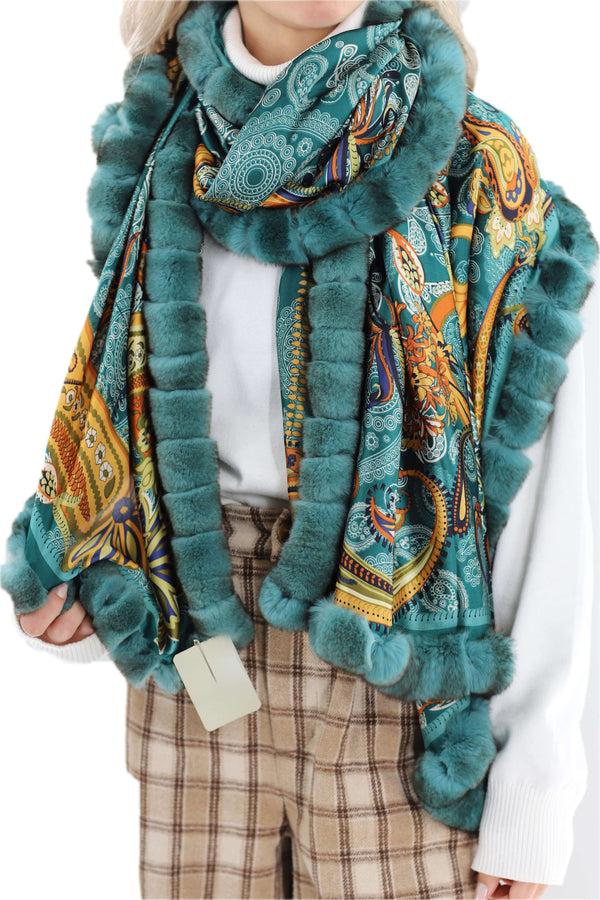 la fiorentina Oversized Paisley Print Wrap with Rex Rabbit Fur Trim - Green
