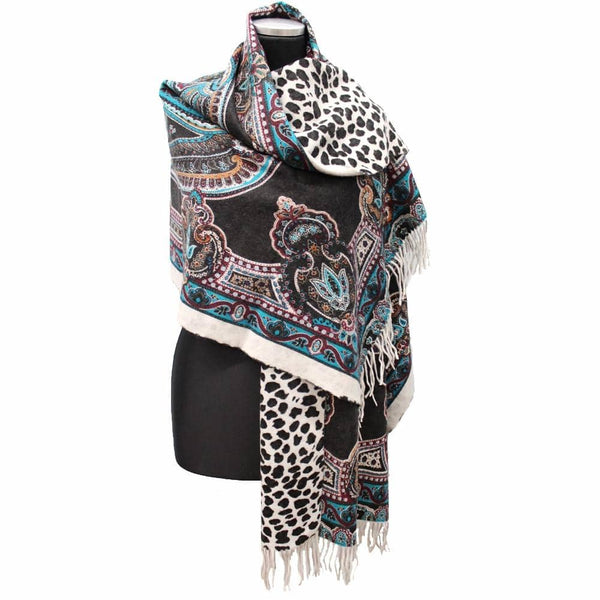 la fiorentina Paisley Leopard Print Reversible Wrap - Teal