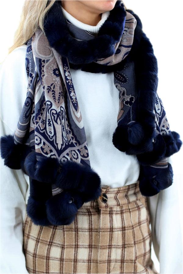 La Fiorentina Paisley Print 100% Wool Wrap With Rex Fur Trim - Navy