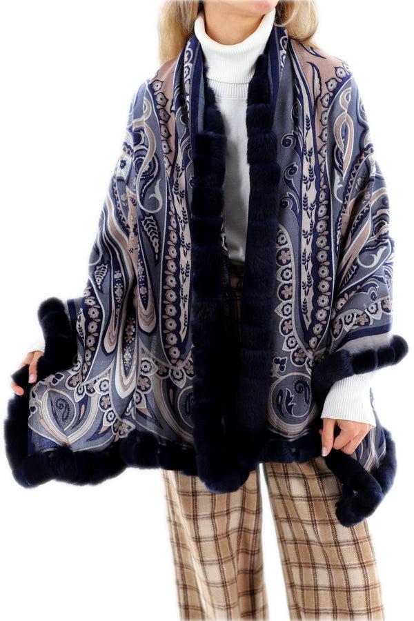 la fiorentina Paisley Print 100% Wool Wrap with Rex Fur Trim - Navy