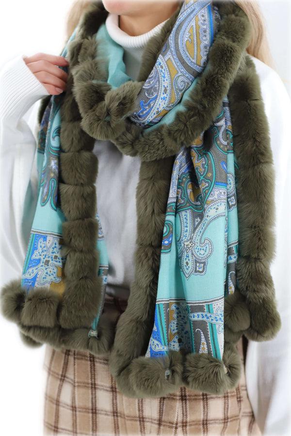 La Fiorentina Paisley Print 100% Wool Wrap With Rex Fur Trim - Olive