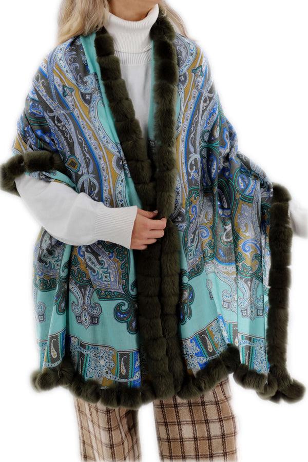 La Fiorentina Paisley Print 100% Wool Wrap With Rex Fur Trim - Olive