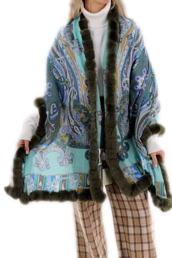La Fiorentina Paisley Print 100% Wool Wrap With Rex Fur Trim - Olive