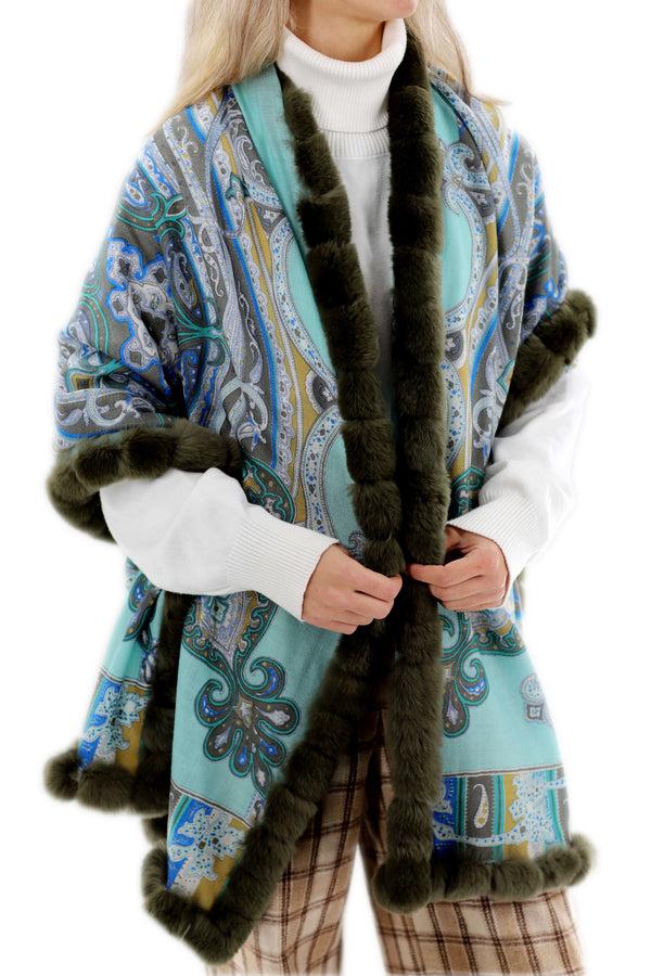la fiorentina Paisley Print 100% Wool Wrap with Rex Fur Trim - Olive