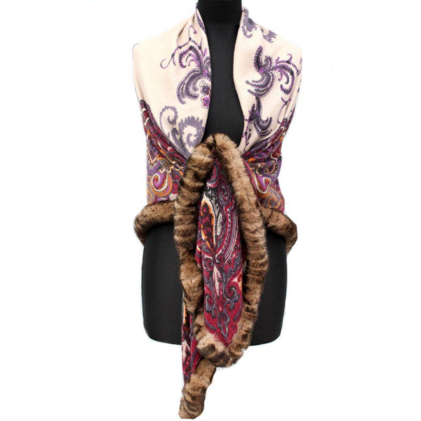 la fiorentina Paisley Print Rabbit Fur Trim Wrap - Wine