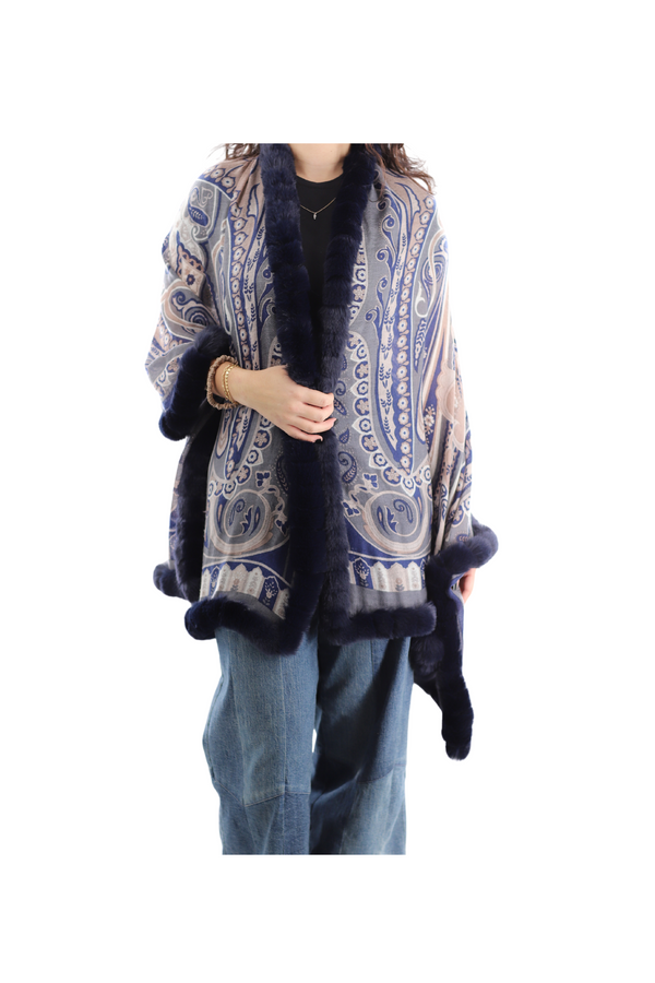la fiorentina Paisley Print Wrap with faux fur trim - NAVY