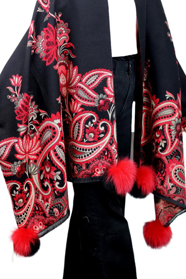 La Fiorentina Paisley Print Wrap With Fox Poms - Black & Red