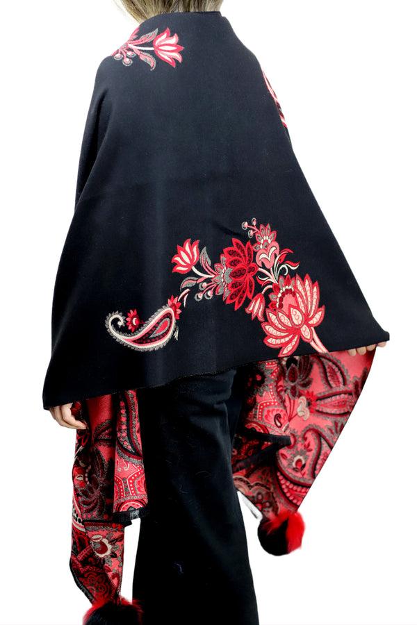 La Fiorentina Paisley Print Wrap With Fox Poms - Black & Red