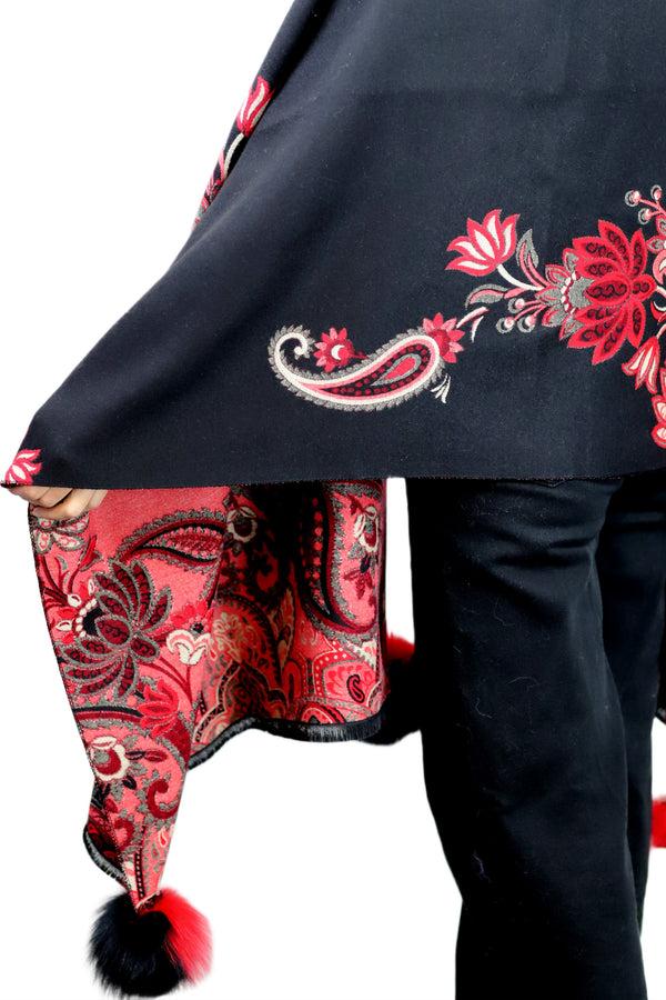 La Fiorentina Paisley Print Wrap With Fox Poms - Black & Red