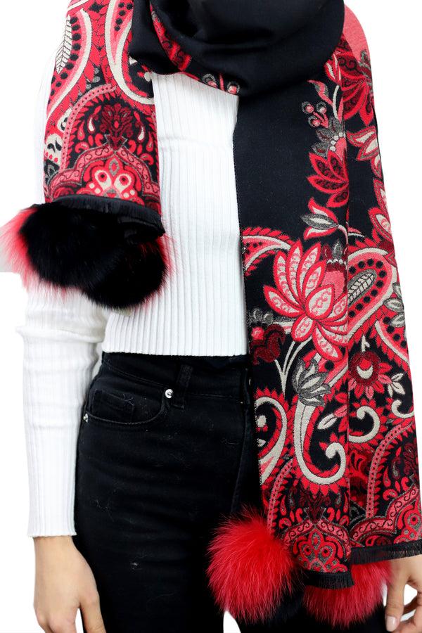 la fiorentina Paisley Print Wrap with Fox Poms - Black & Red