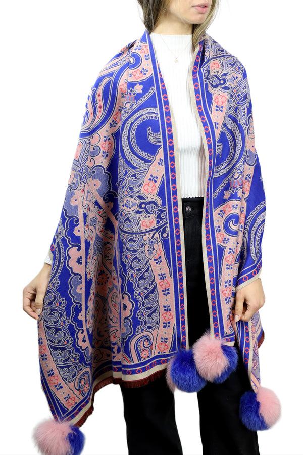 La Fiorentina Paisley Print Wrap With Fox Poms - Blue & Pink