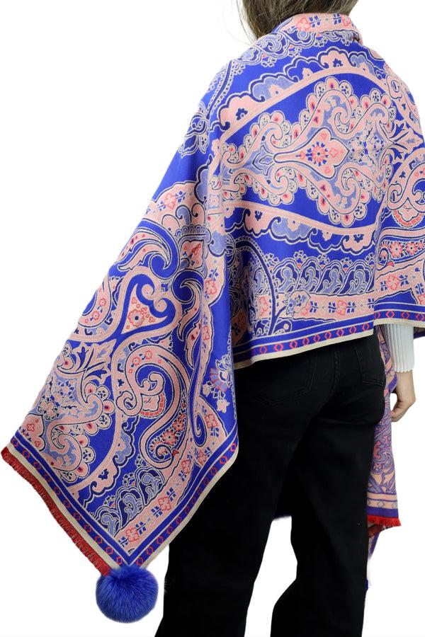 La Fiorentina Paisley Print Wrap With Fox Poms - Blue & Pink
