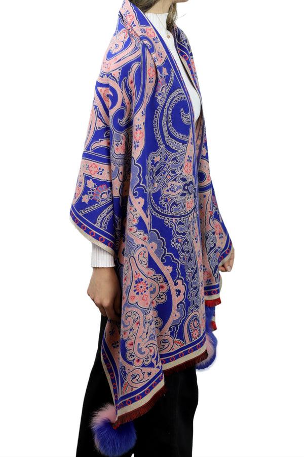 La Fiorentina Paisley Print Wrap With Fox Poms - Blue & Pink