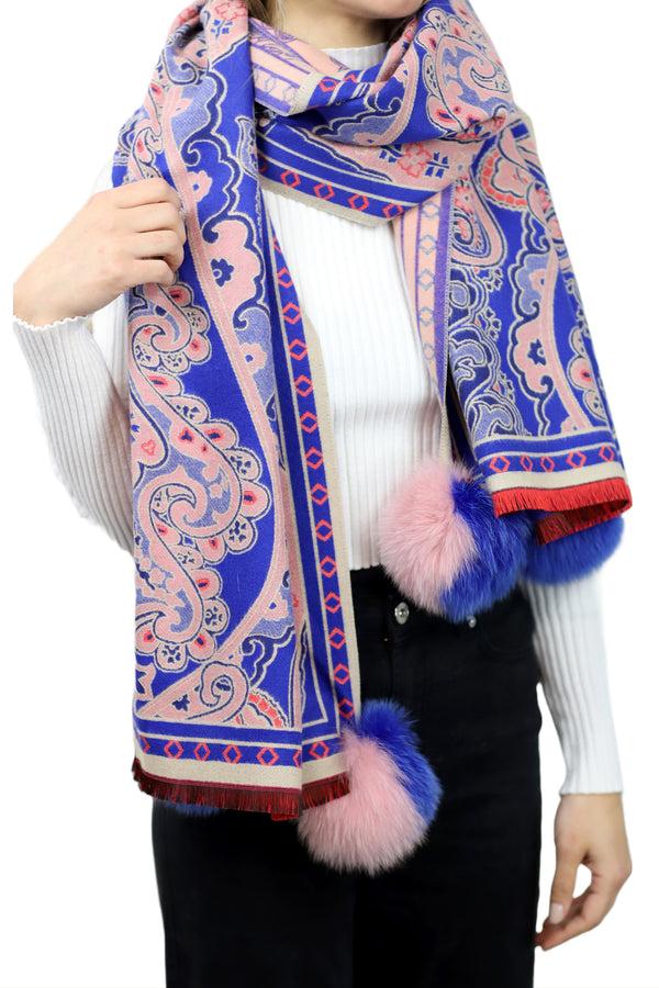 la fiorentina Paisley Print Wrap with Fox Poms - Blue & Pink