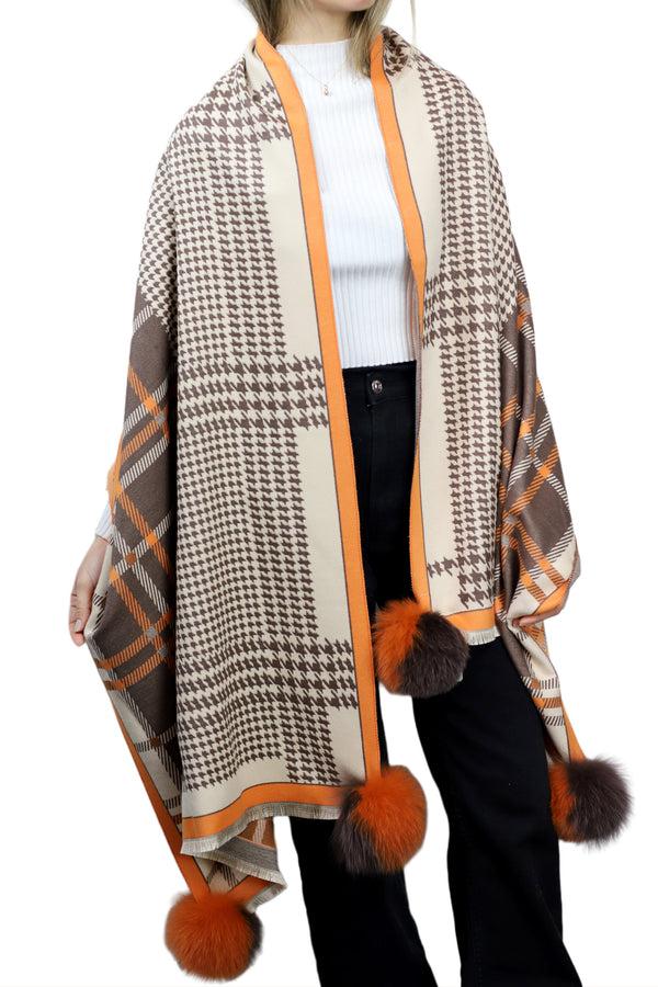La Fiorentina Plaid/Houndstooth Print Wrap With Fox Poms - Brown & Orange