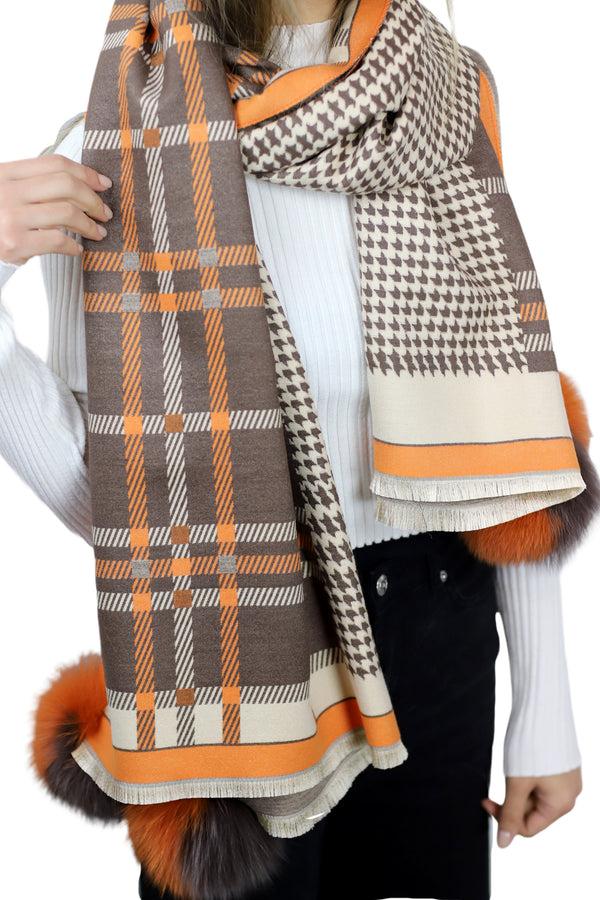 La Fiorentina Plaid/Houndstooth Print Wrap With Fox Poms - Brown & Orange