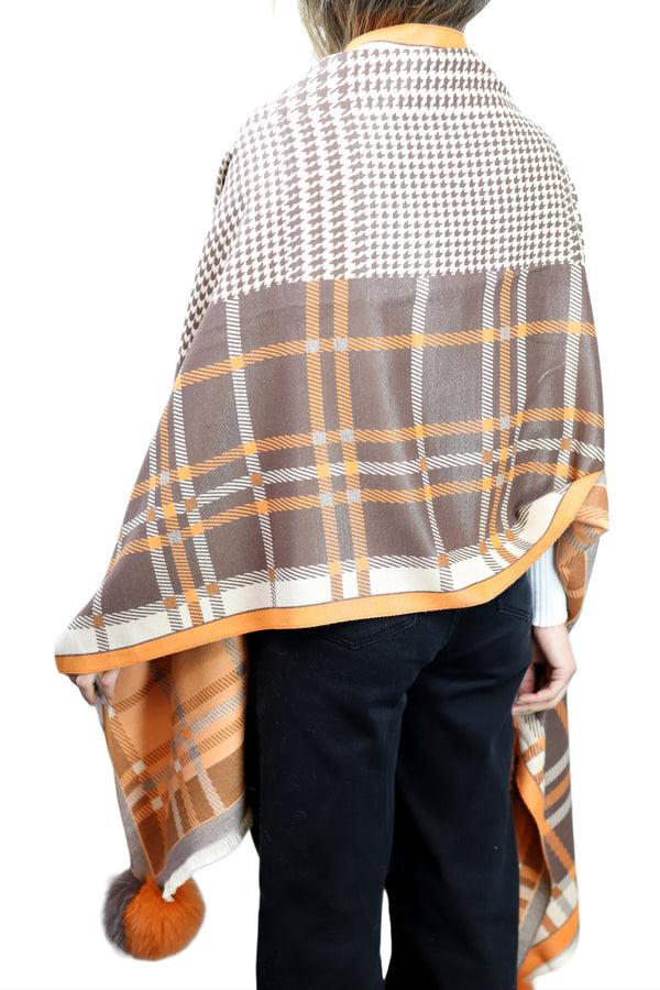 La Fiorentina Plaid/Houndstooth Print Wrap With Fox Poms - Brown & Orange
