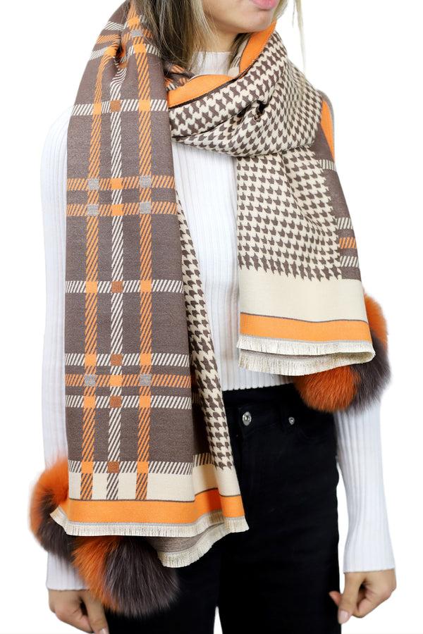 la fiorentina Plaid/Houndstooth Print Wrap with Fox Poms - Brown & Orange