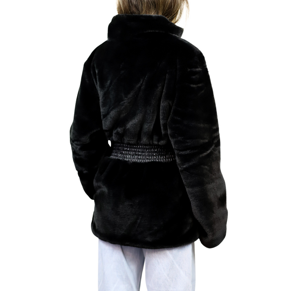 La Fiorentina Plush Faux Fur Cinched Waist Jacket - Black