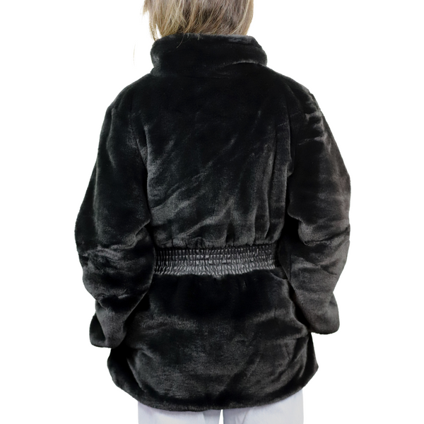 La Fiorentina Plush Faux Fur Cinched Waist Jacket - Black