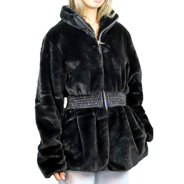 La Fiorentina Plush Faux Fur Cinched Waist Jacket - Black