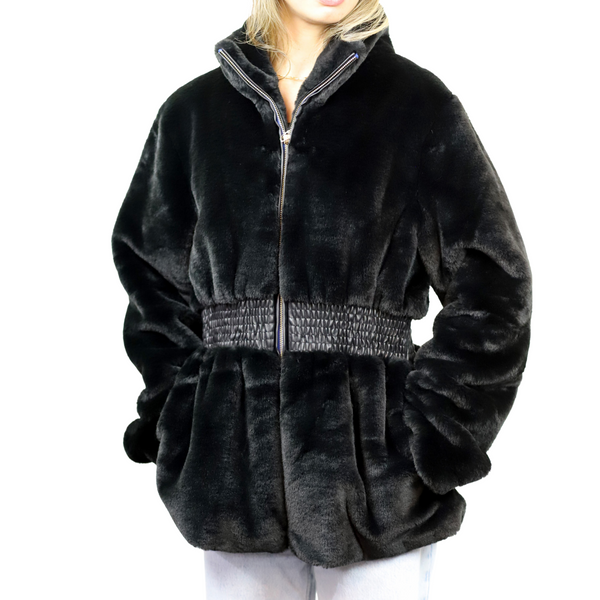 la fiorentina Plush Faux Fur Cinched Waist Jacket - Black