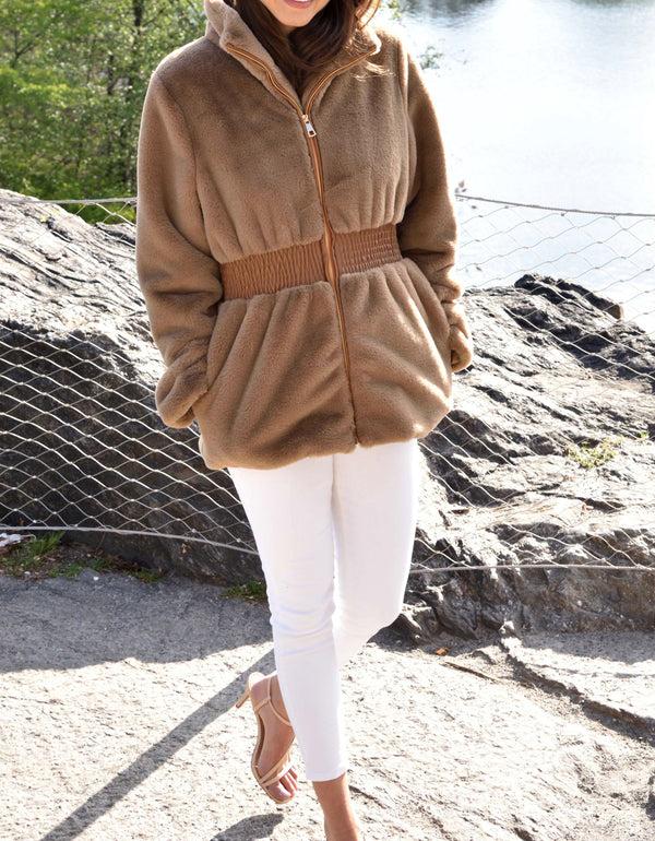 La Fiorentina Plush Faux Fur Cinched Waist Jacket - Camel