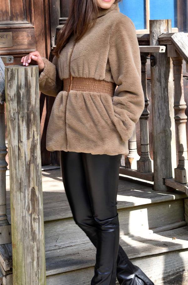 La Fiorentina Plush Faux Fur Cinched Waist Jacket - Camel