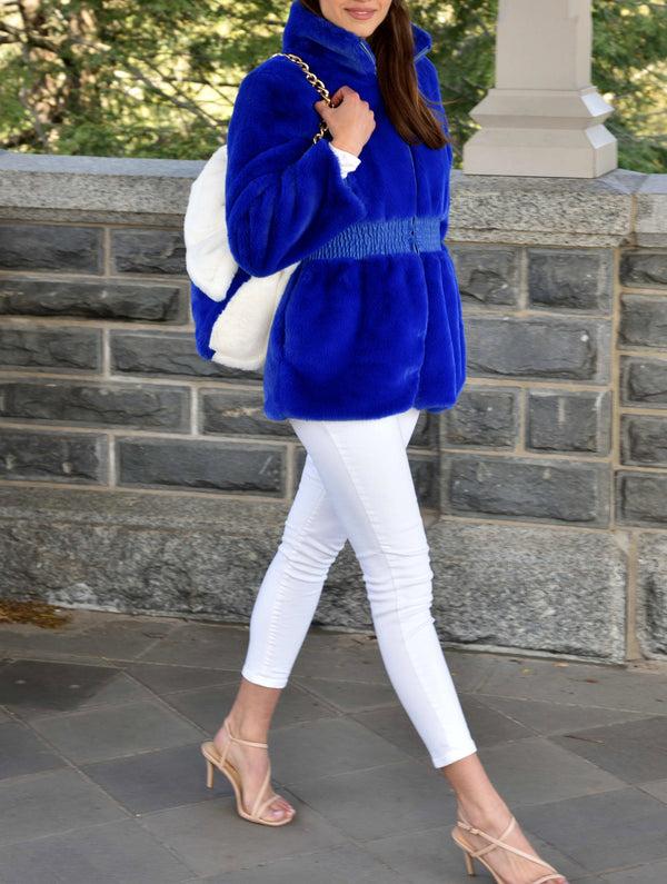 La Fiorentina Plush Faux Fur Cinched Waist Jacket - Electric Blue