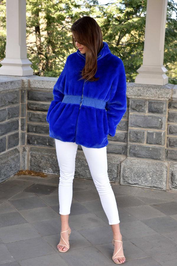 la fiorentina Plush Faux Fur Cinched Waist Jacket - Electric Blue