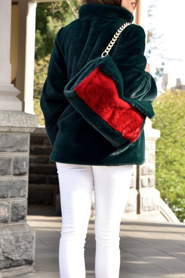 La Fiorentina Plush Faux Fur Cinched Waist Jacket - Green