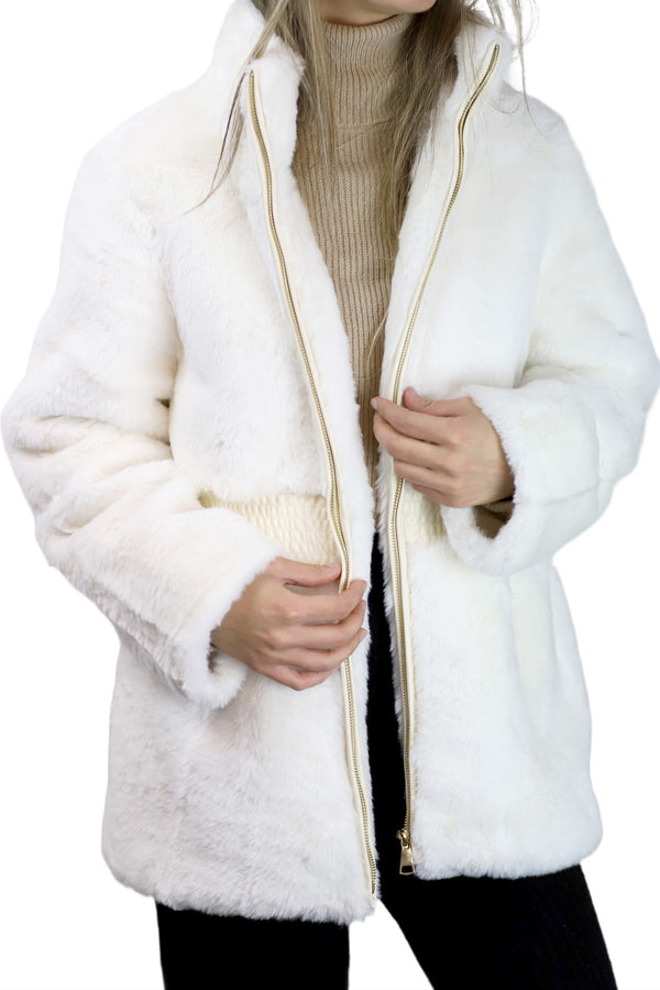 La Fiorentina Plush Faux Fur Cinched Waist Jacket - Ivory