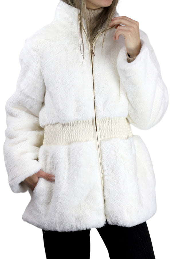 La Fiorentina Plush Faux Fur Cinched Waist Jacket - Ivory