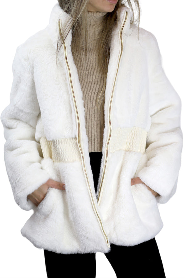 La Fiorentina Plush Faux Fur Cinched Waist Jacket - Ivory