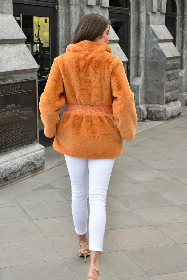 La Fiorentina Plush Faux Fur Cinched Waist Jacket - Orange