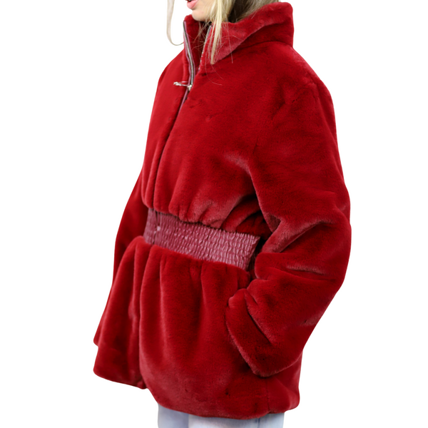 La Fiorentina Plush Faux Fur Cinched Waist Jacket - Wine