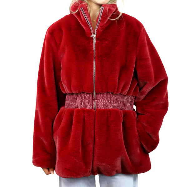 La Fiorentina Plush Faux Fur Cinched Waist Jacket - Wine