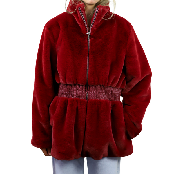 la fiorentina Plush Faux Fur Cinched Waist Jacket - Wine