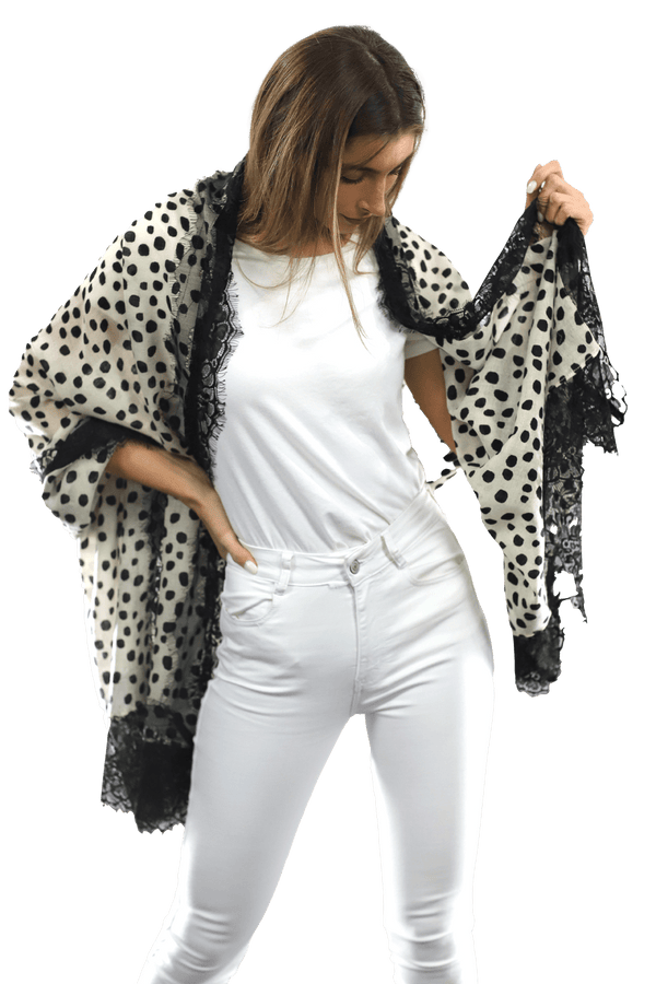 La Fiorentina Polka Dot Print Scarf W/ Lace Trim - Ivory/Black