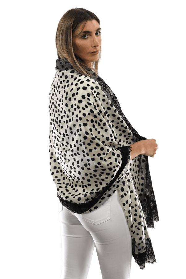 La Fiorentina Polka Dot Print Scarf W/ Lace Trim - Ivory/Black