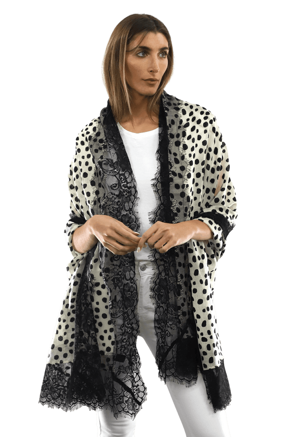 la fiorentina Polka Dot Print Scarf w/ Lace Trim - Ivory/Black
