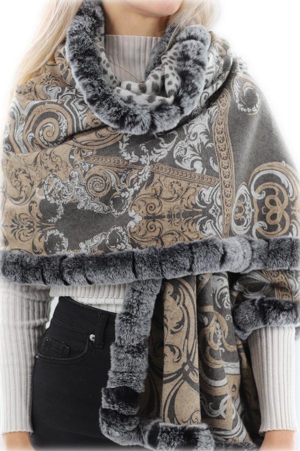 La Fiorentina Reverisible Cashmere Wrap With Rex Rabbit Trim - Brown/Grey