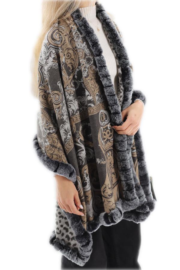 La Fiorentina Reverisible Cashmere Wrap With Rex Rabbit Trim - Brown/Grey